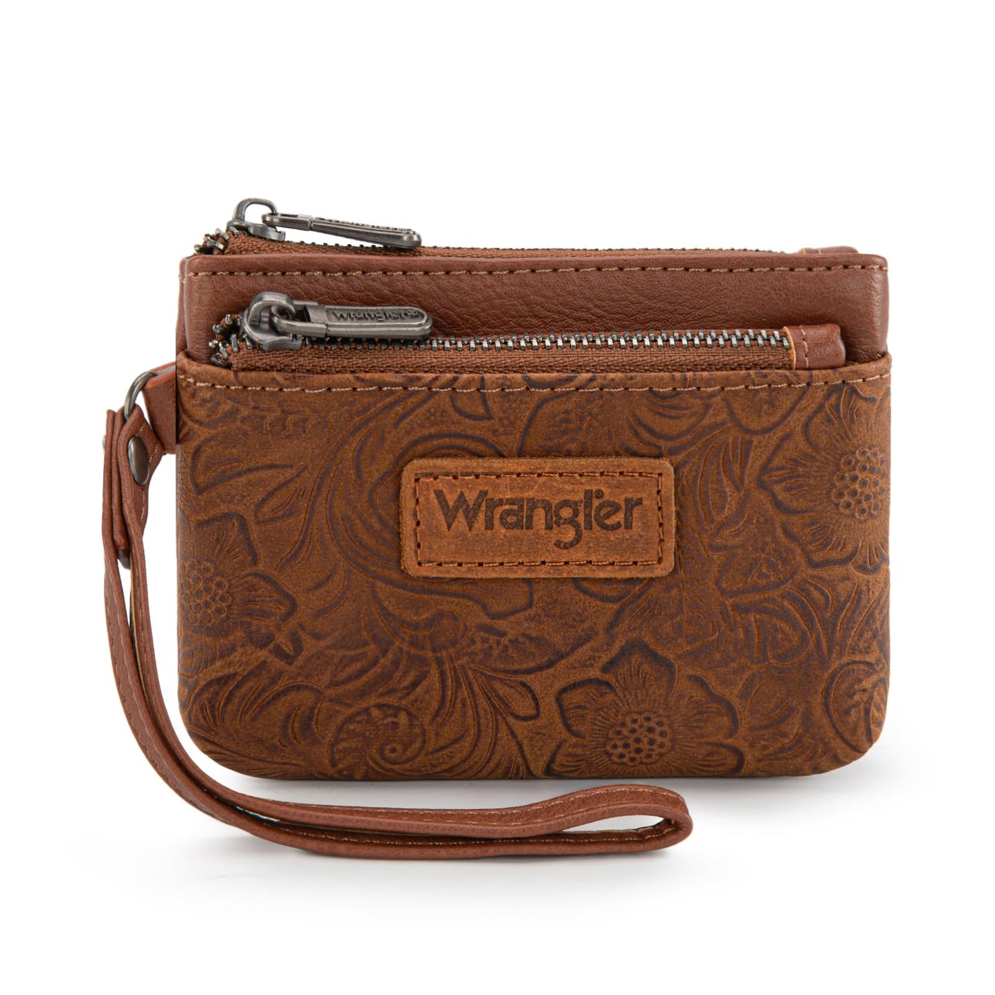 Wrangler Coin Purse for Women RFID-blocking Floral Embossed Change Pouch Wristlet Wallet Lightweight Portable Wallets Brown