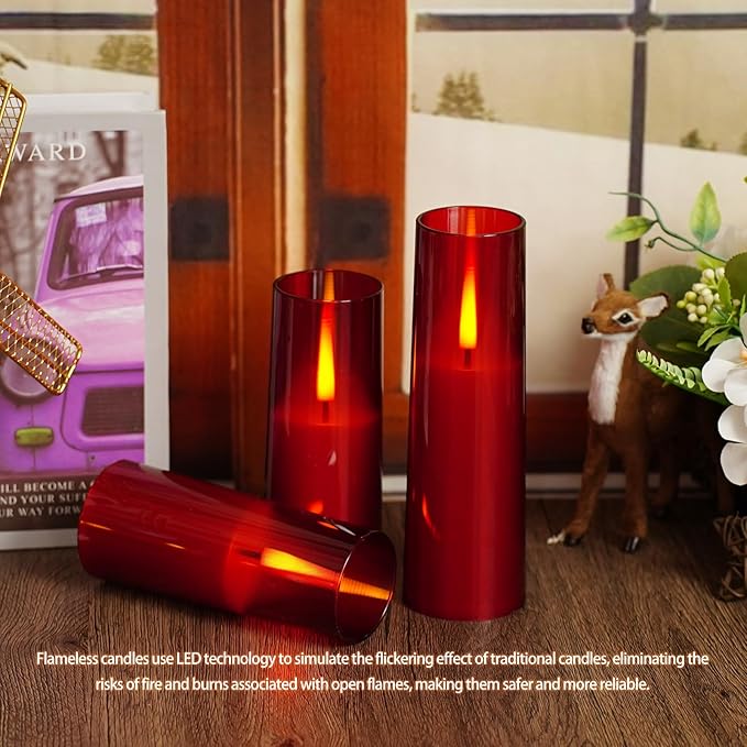 Flickering Flameless LED Candles 7Pcs, Realistic Dancing Flame with Remote & Timer, Acrylic Electric Pillar Candles for Festivals Decor (Red)