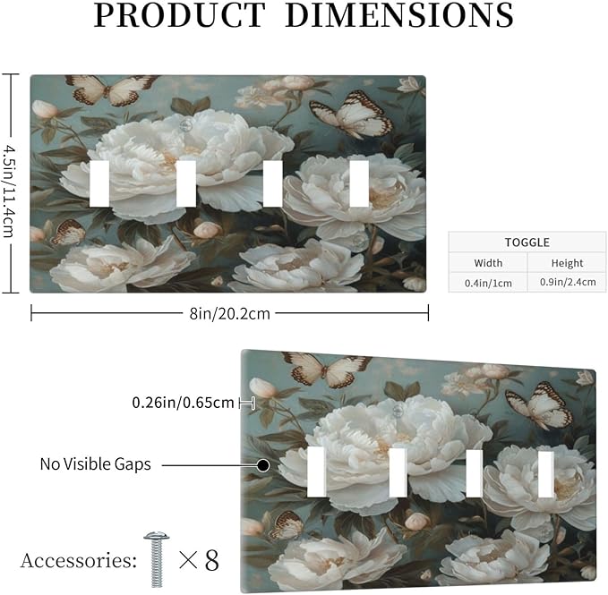 Decorative Art Light Switch Covers Butterflies & Peonies Quad Toggle 4 Gang Wall Plate Switch plate Electrical Faceplate for Home Decor
