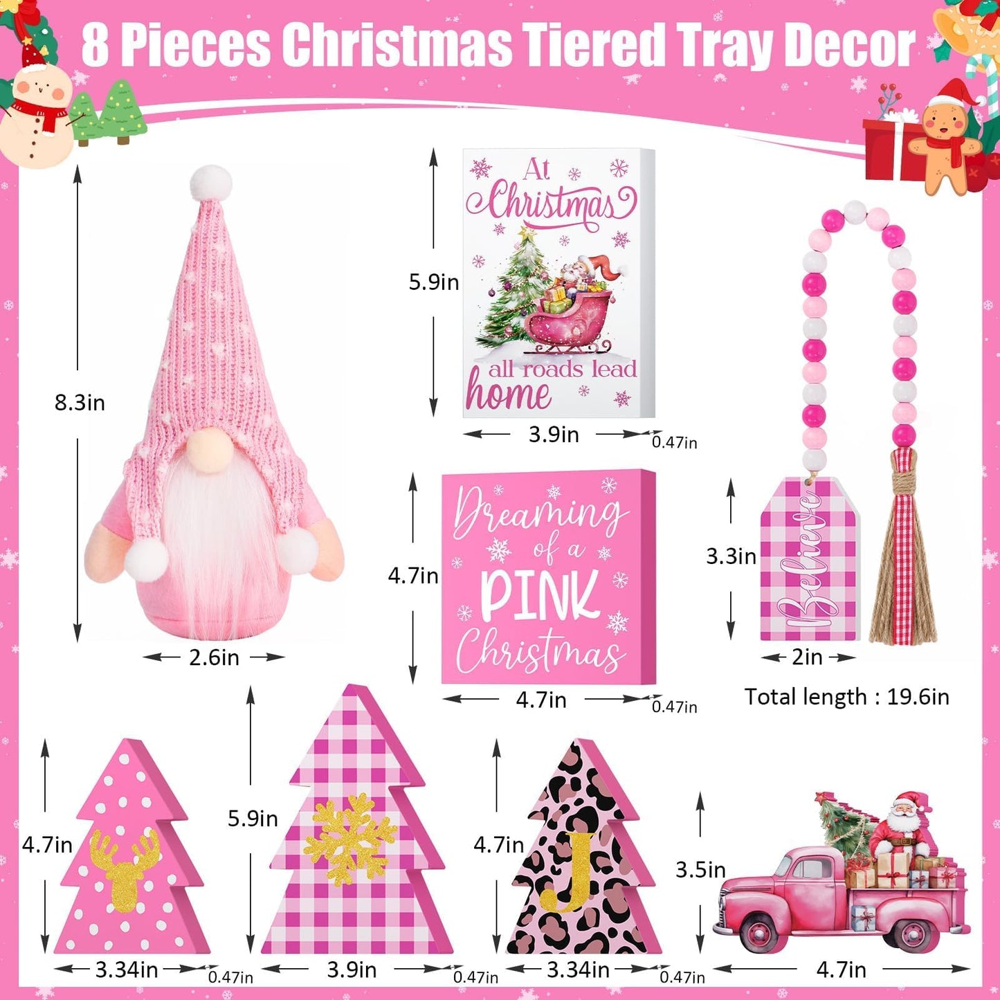 Asoulin Pink Christmas Tiered Tray Decor 8 PCS Xmas Decorations Indoor - Believe Christmas Wooden Signs & Pink Xmas Gnome Plush Set - Table Decor Tier for Home Kitchen Mantel