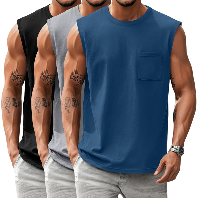 Huukeay 3 Pack Cotton Men's Big and Tall Sleeveless Tank Tops Muscle Shirts Gym Casual Workout Tees with Pocket(Black, Light Gray, Blue,Large)