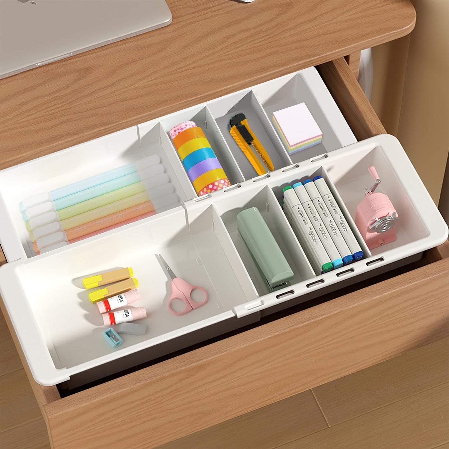 YOOUSOO Expandable Drawer Organizer, 2 PCS Adjustable Drawer Organizer Trays, Drawer Dividers Organizers and Storage For Office Supplies, Pens, Makeup,Utensils, Tools, Flatware and Junks, White