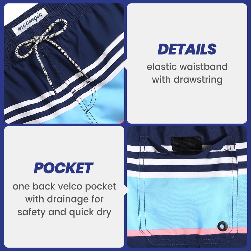 maamgic Mens Swim Trunks Quick Dry Swim Shorts with Mesh Lining Funny Swimwear Bathing Suits 7inch Striped Navy Medium