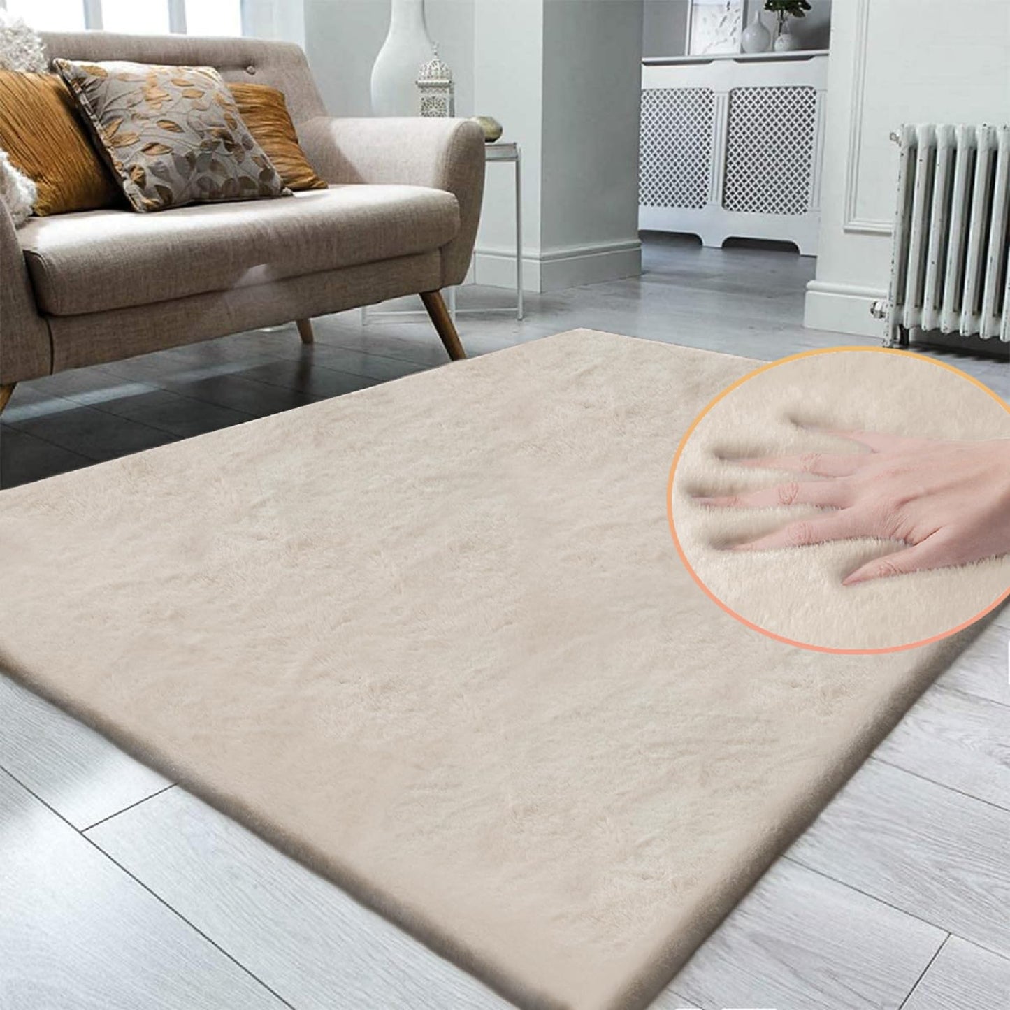 ORINOVA Beige Plush Faux Washable Rabbit Fur Area Rugs for Bedroom Shag Carpet for Living Room 4x6 Rectangle Nursery Rug
