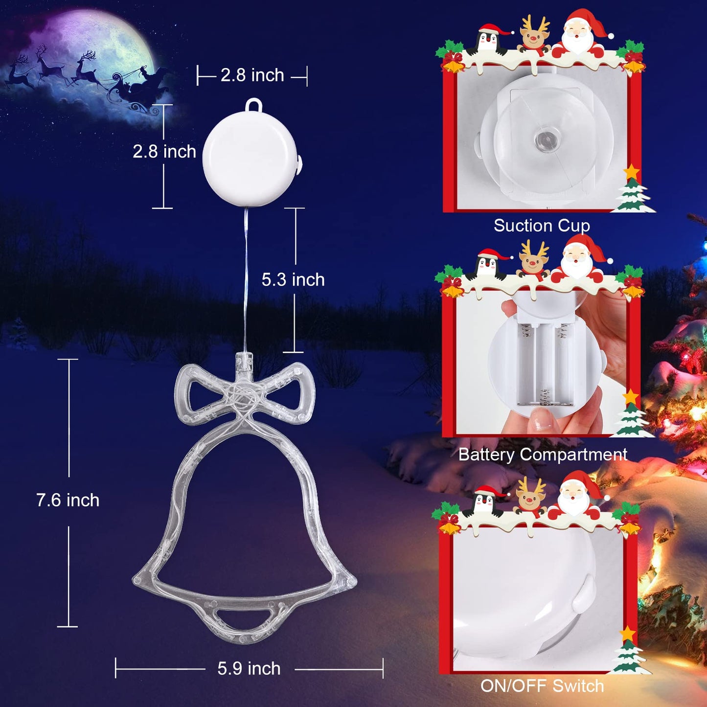LOLStar Christmas Window Decorations,3 Pack Jingling Bell,Christmas Tree,Snowflake Christmas Window Lights with Suction Cup, Timer Function & Slow Fade Mode Battery Operated Indoor Lights