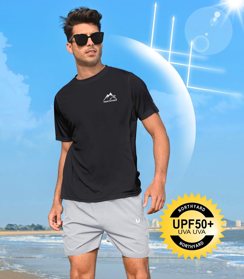 NORTHYARD Men's UPF 50+ Sun Protection Shirt Short Sleeve Swim Rash Guard SPF UV Athletic Workout Running T-Shirt Black XL