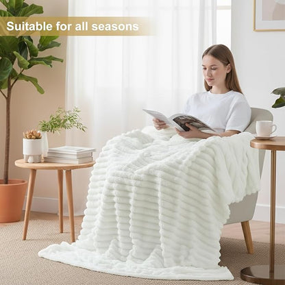 decorUhome Soft Fleece White Throw Blanket for Couch, Cozy Fluffy Plush Flannel Striped Blanket for Sofa Bed, Lightweight Decorative Ribbed Fuzzy Blanket for Woman, 50x60 Inches