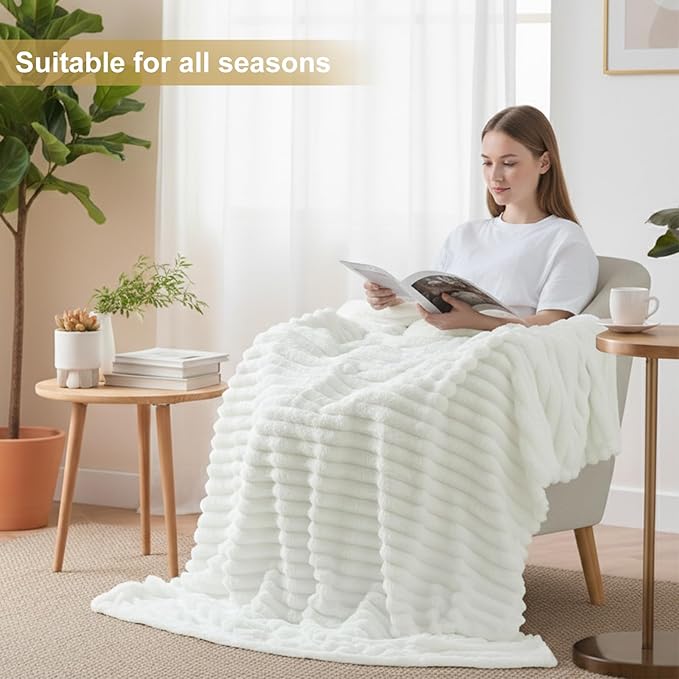 decorUhome Soft Fleece White Blanket Queen Size for Bed, Cozy Fluffy Plush Flannel Large Striped Throws for Couch Sofa, Lightweight Decorative Fuzzy Blanket for Woman, 90x90 Inches