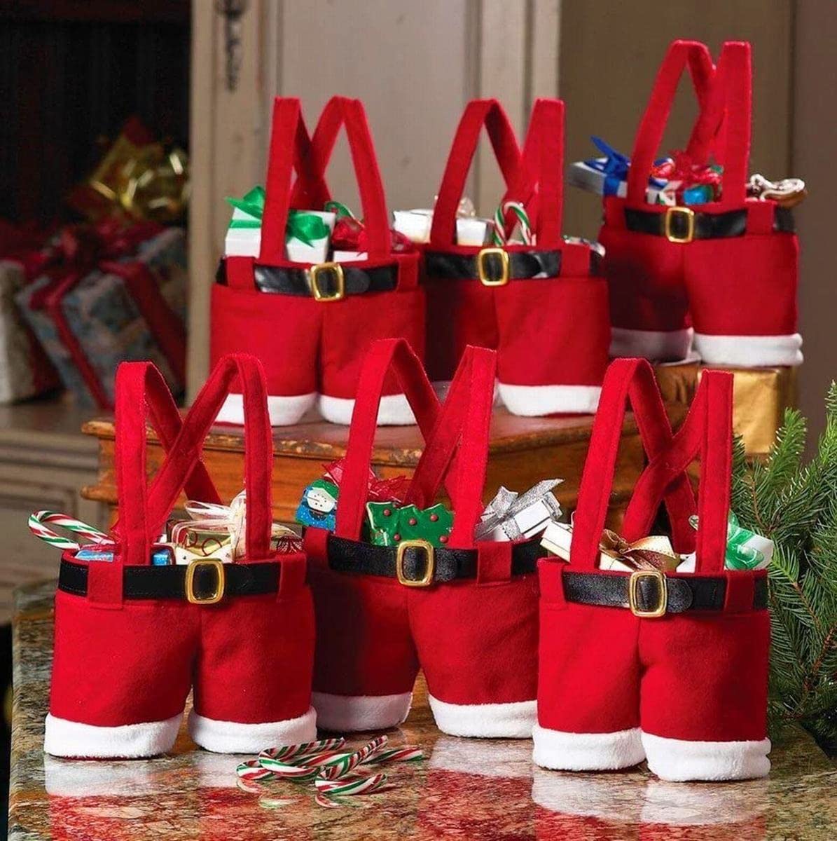 Homecube 10Pcs Christmas Candy Bag Santa Pants Gift and Treat Bags with Handle Portable Candy Gift Baskets Gift Wrap for Wedding(7" L x 8.5" H)