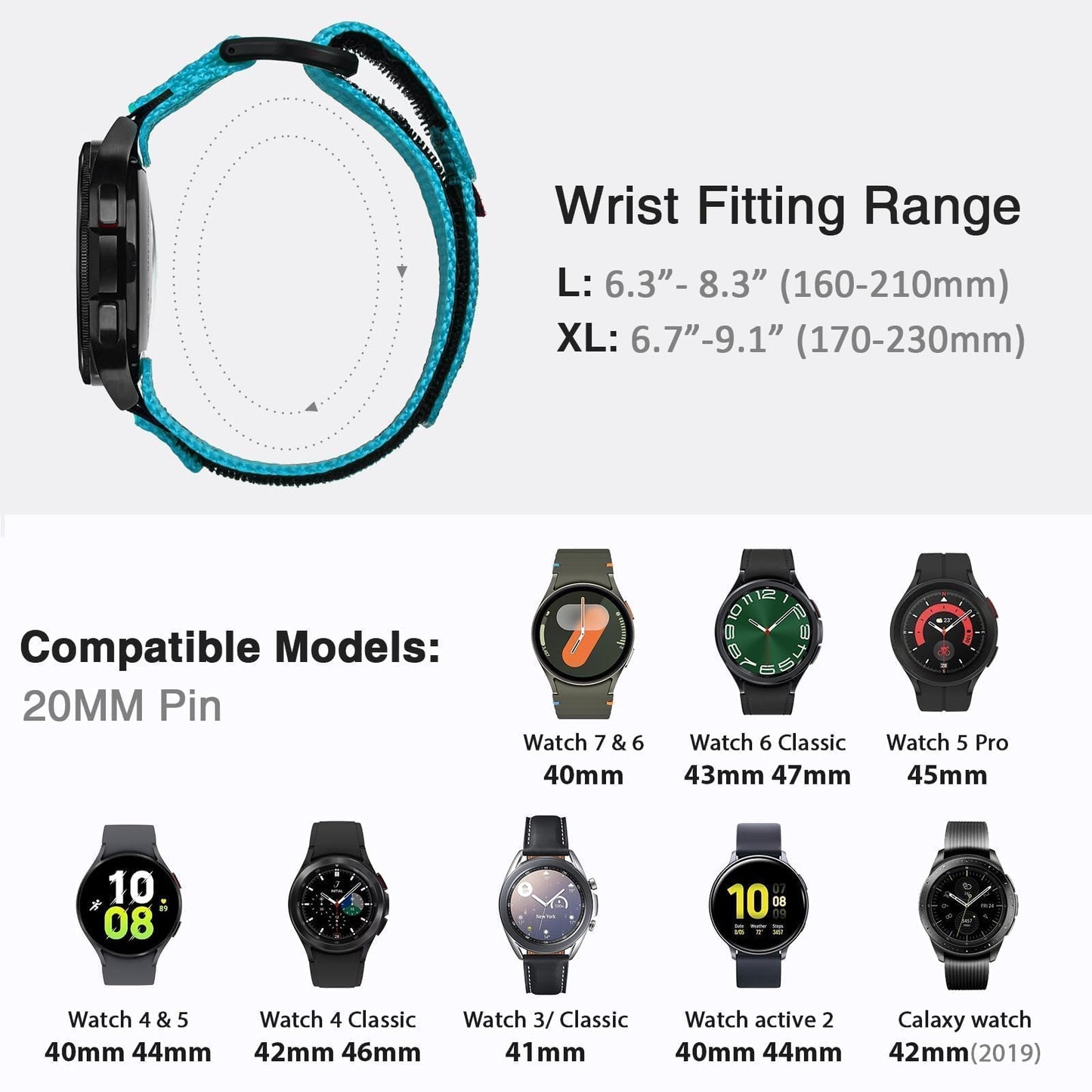 Nereides Band Compatible with Samsung Galaxy Watch 7 6 5 4 40mm 44mm/Watch 6 4 Classic/Galaxy Watch 5 Pro/Galaxy Watch 3/Classic 41mm/Active 2, 20mm Nylon Sports Strap for Men Women(Blue,L)