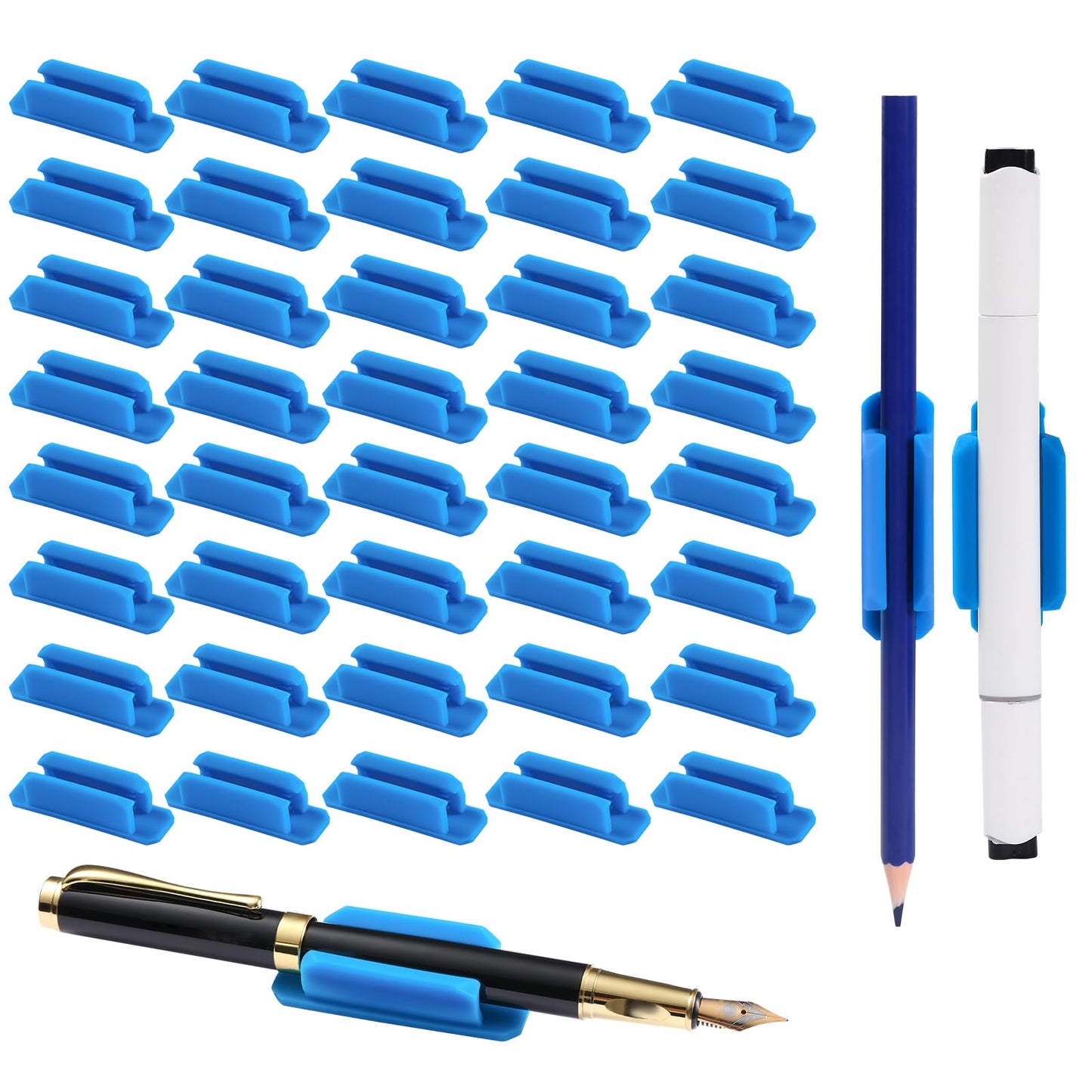 VZZNN Adhesive Pen Holders for Desk Set of 40 - Reusable Silicone Pencil Grips with Strong Sticky Pads, Flexible Pen Holder for Wall, Clipboard, Notebook, Office Essentials & Teacher Supplies (Blue)