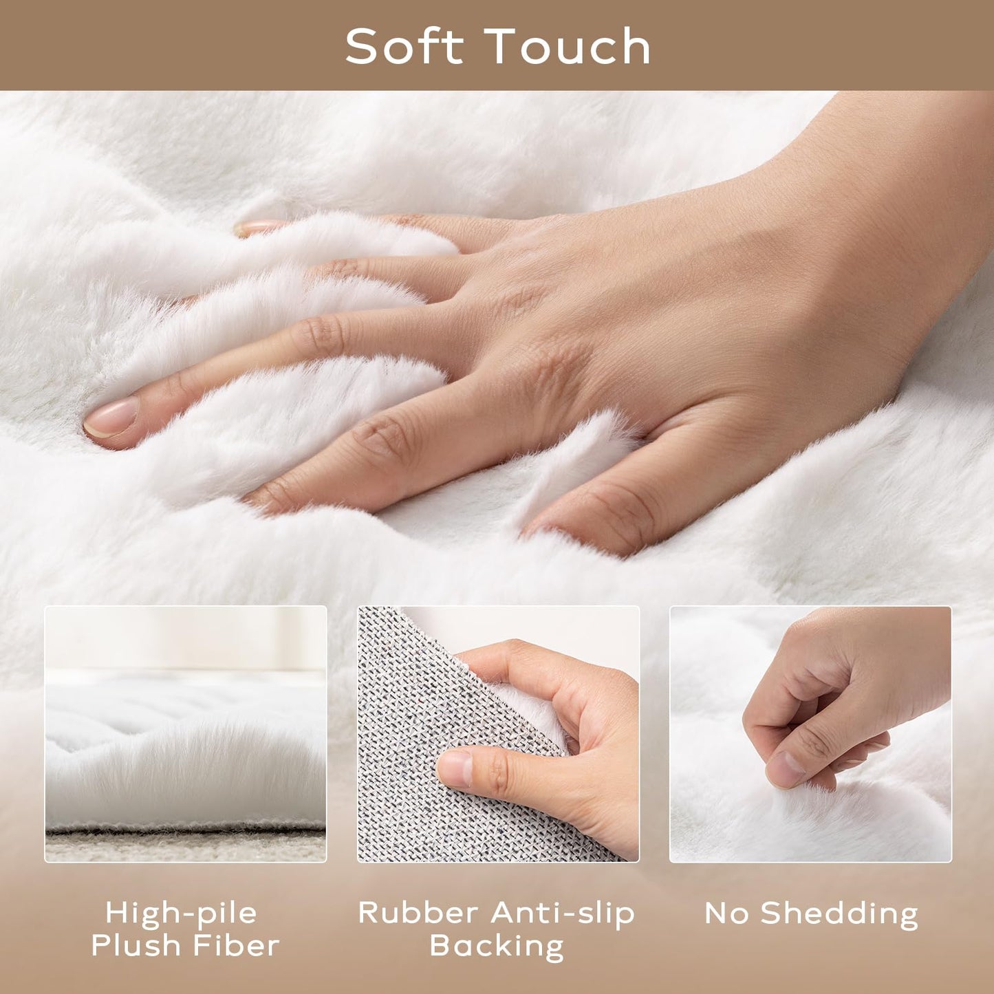 Ashler Faux Rabbit Fur Rug, White 2x6 FT Fluffy Soft Runner Area Rugs, Rectangle Fuzzy Carpet for Living Room, Bedroom, Machine Washable - 3D Bubble Mat