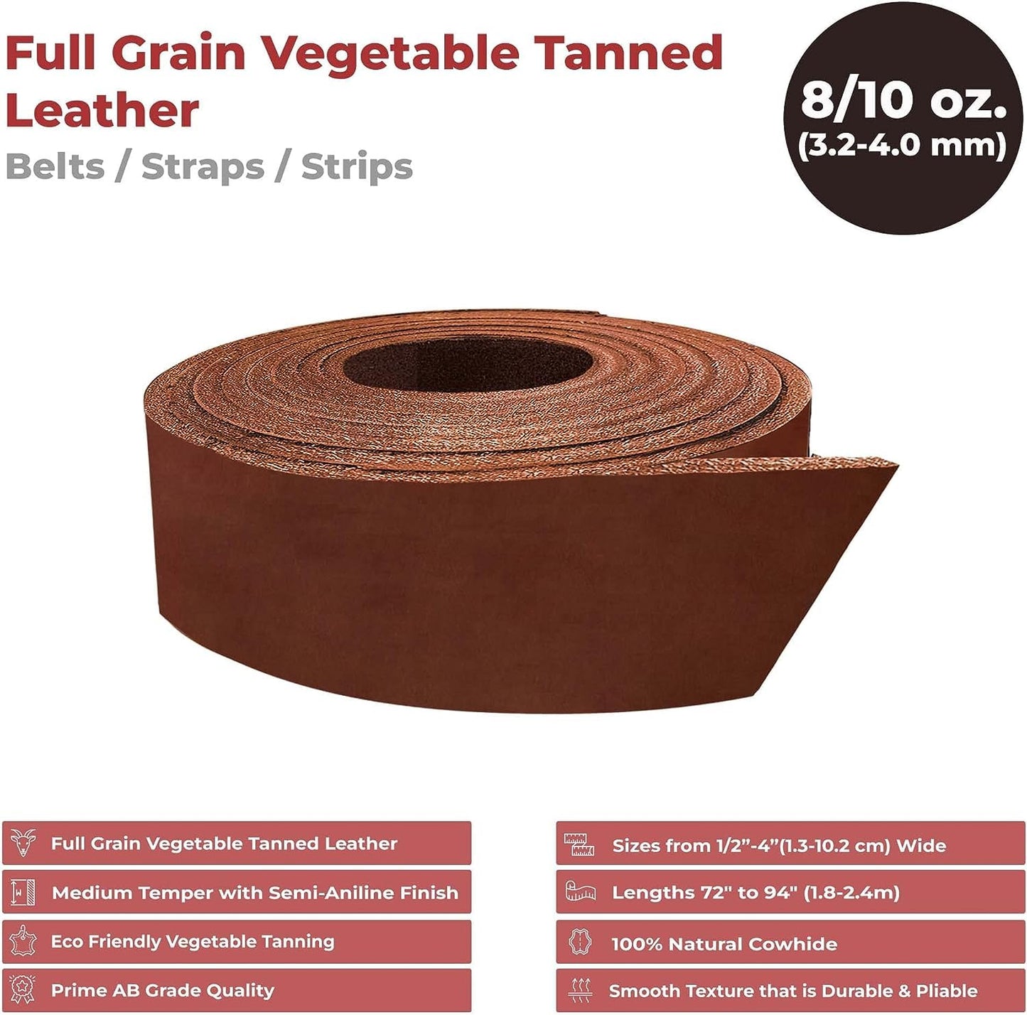 ELW Vegetable Tanned Leather 8-10 oz (3.2-4mm) Russet Straps, Belts, Strips Size: 2-1/4"x72" (5.7x182cm) Full Grain Veg Tan Tooling Leather Cowhide Heavy Craftsmen Grade AB for DIY, Tooling, Carving