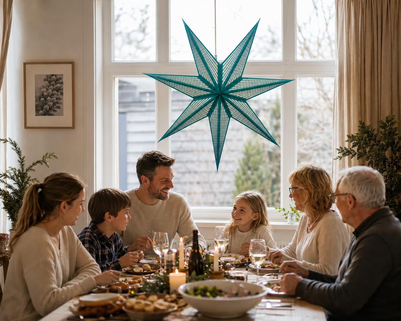 GalaxyArts 7-Point Paper Star Lantern - Striped Cutout Hanging Light Decoration - Foldable Star Lamp Shade for Home, Party, Christmas, Wedding Décor - Indoor/Outdoor Hanging Star(Turquoise)