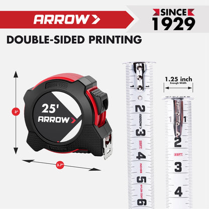 Arrow 25FT Tape Measure, 2PCS Easy Read Measuring Tape with Dual Locking System, Double Sided Measurement Tape with 1.25″ Blade, Belt Clip, Dual-End Metal Hook, and Rubber Protective Casing