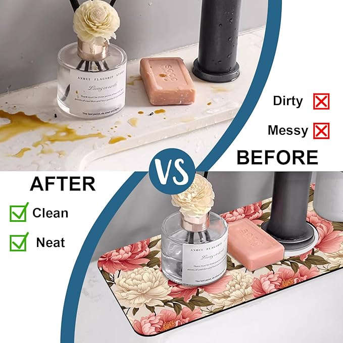 Beautiful Peony Sink Splash Guard Bright Peonies Faucet Absorbing Mat Fast