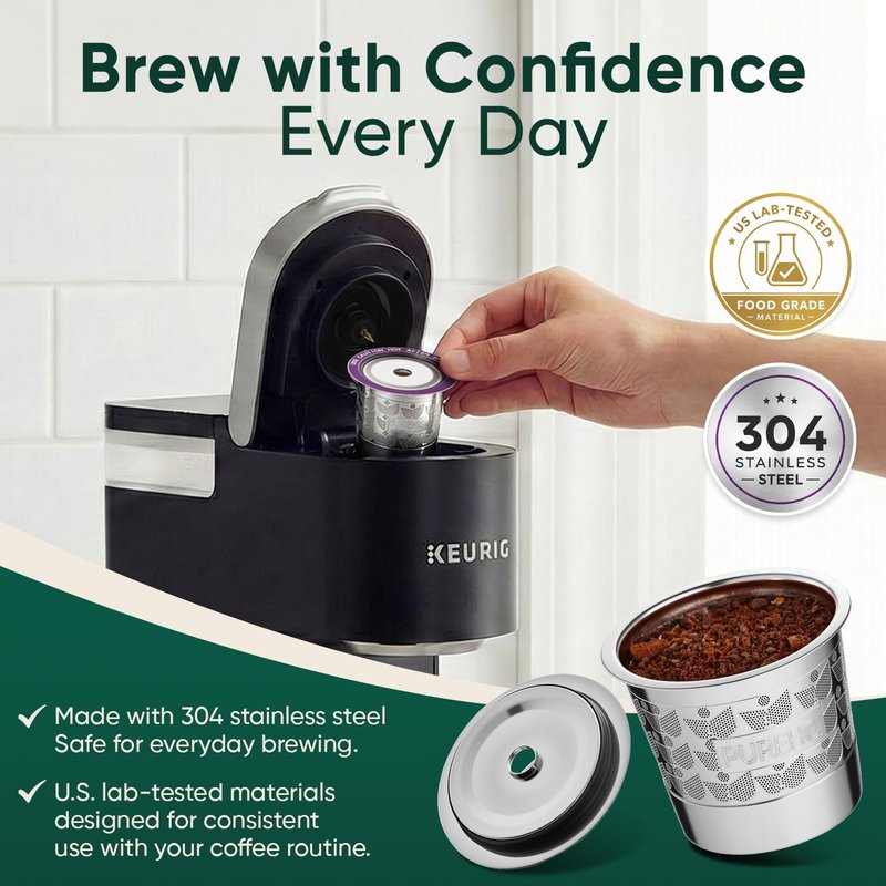 Stainless Steel Reusable K Cups for Keurig 2.0, Keurig Mini, K-Express, K-Classic, K-Elite, K-Compact, K-Mini Mate Single-Serve Coffee Makers by PureHQ - Refillable Metal Coffee Filters - 2 Pack