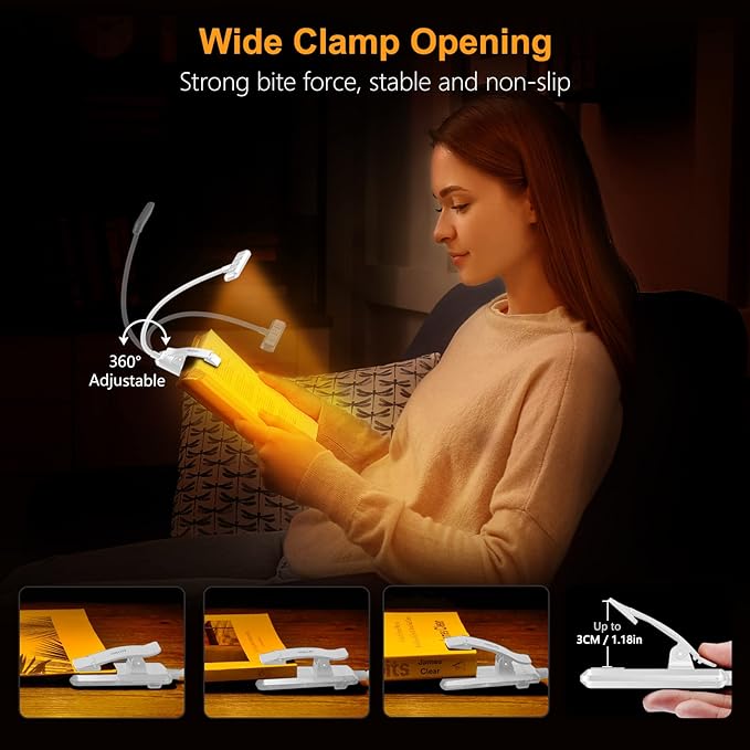 Gritin 19 LED Rechargeable Book Light for Reading in Bed with Memory Function- Eye Caring 3 Color Temperatures,Stepless Dimming Brightness,80 Hrs Runtime Clip on Light for Book Lovers-White