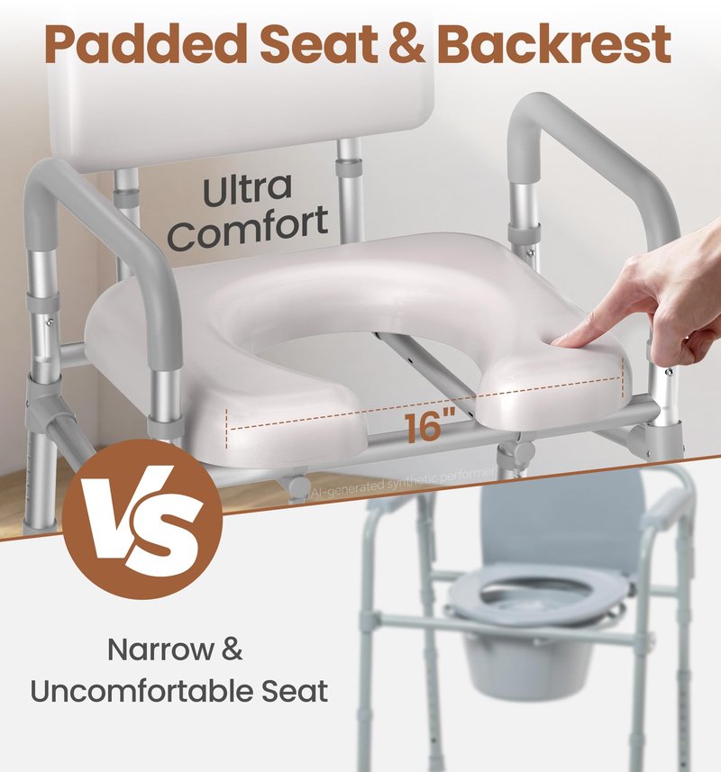 soundfuse Bedside Commode Toilet, Padded Seat and Backrest, Aluminum Frame