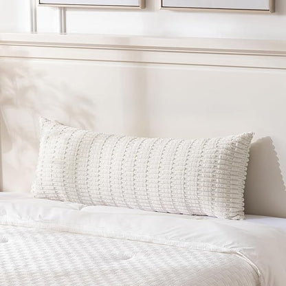Fancy Homi Cream Boho Long Body Lumbar Decorative Throw Pillow Cover 20x54 Inch for Bed Couch Bedroom Bench, Soft Corduroy Rectangle Solid Pillow Case 50x137 cm, Rustic Farmhouse Room Decor
