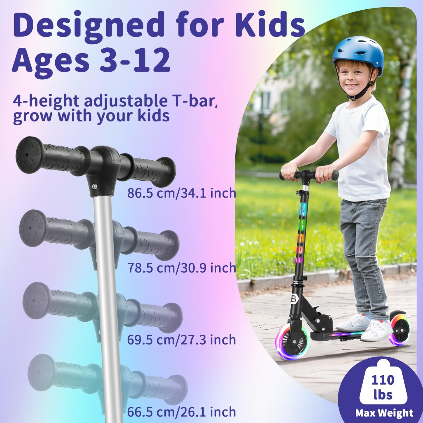 BELEEV Scooters for Kids with Light-Up Wheels & Stem & Deck, 2 Wheel Folding Scooter for Girls Boys, 4 Adjustable Height, Lightweight Kick Scooter with Kickstand for Children Ages 3-12 (Dark Black)