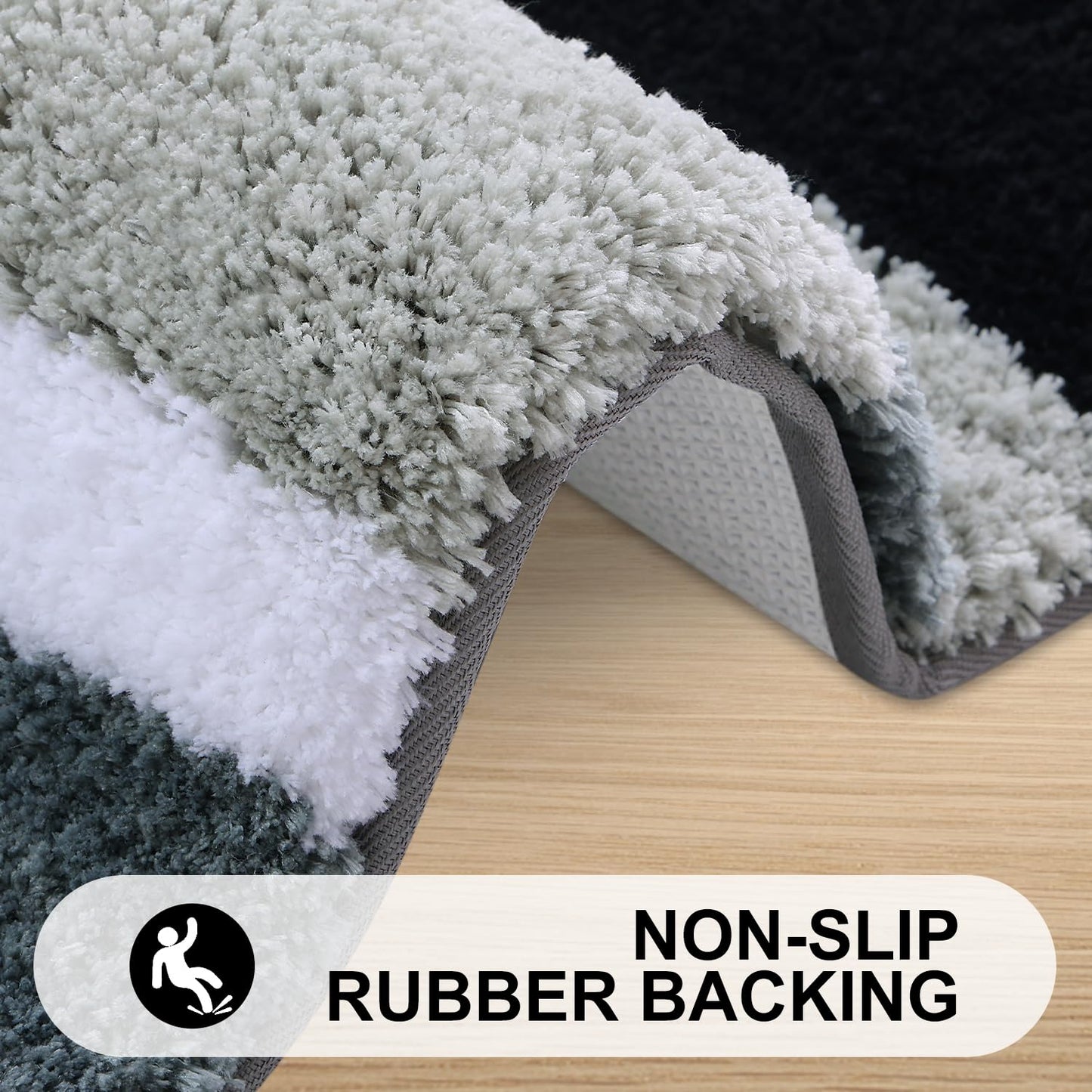 Buganda Microfiber Striped Bathroom Rugs Bath Mat, Extra Thick, Soft and Shaggy, Absorbent, Machine Washable, Bath Rugs for Bathroom, Tub and Shower, 24x16 Inches, Black-Grey