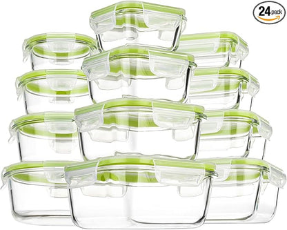 S SALIENT Airtight Meal Prep Containers for Food Storage [24 Piece] Leak Proof, Glass Bento Boxes for Lunch (12 lids & 12 Containers)