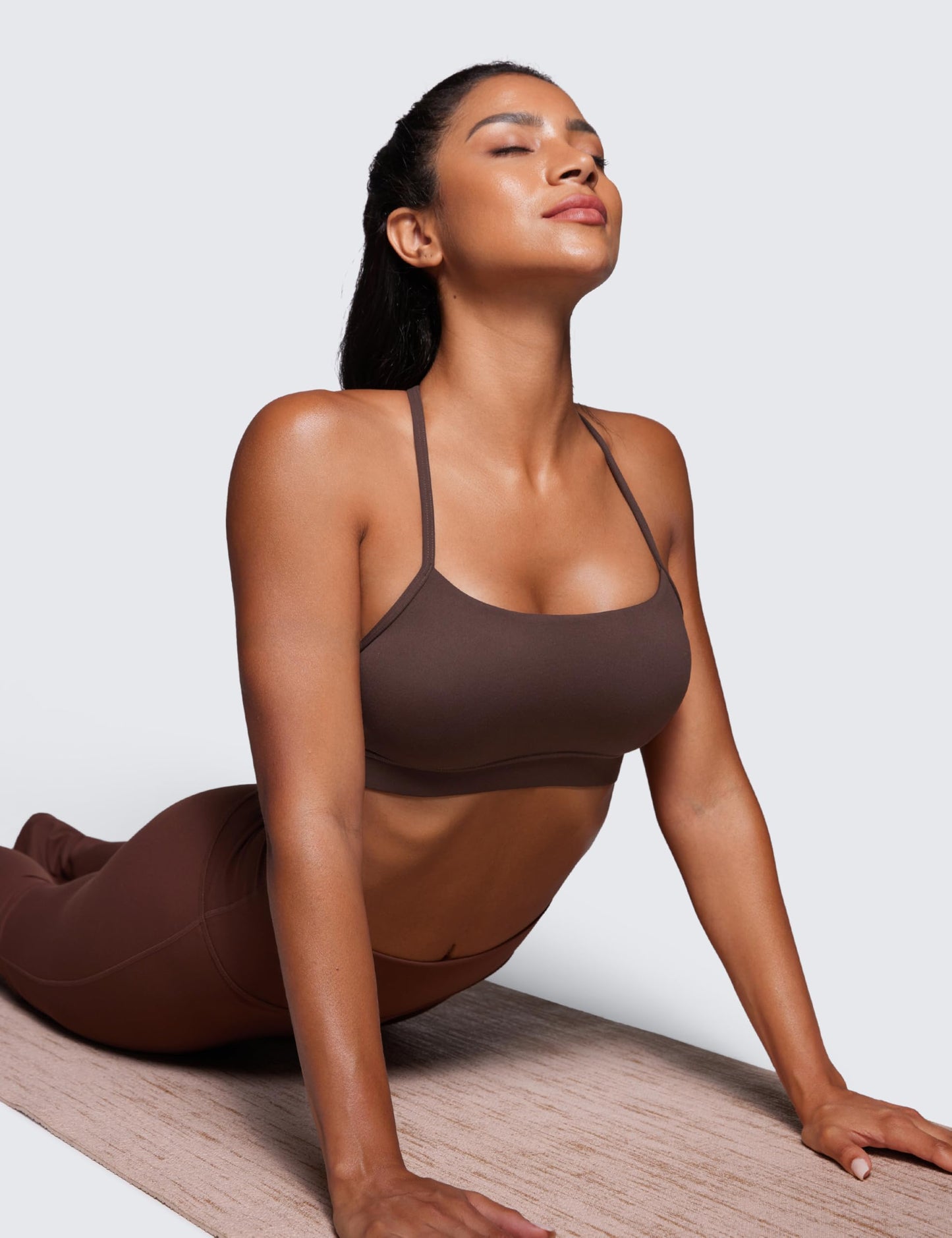 CRZ YOGA Butterluxe Y Back Sports Bras for Women - Padded Racerback Low Impact Spaghetti Thin Strap Workout Yoga Top Hot Fudge Brown X-Large