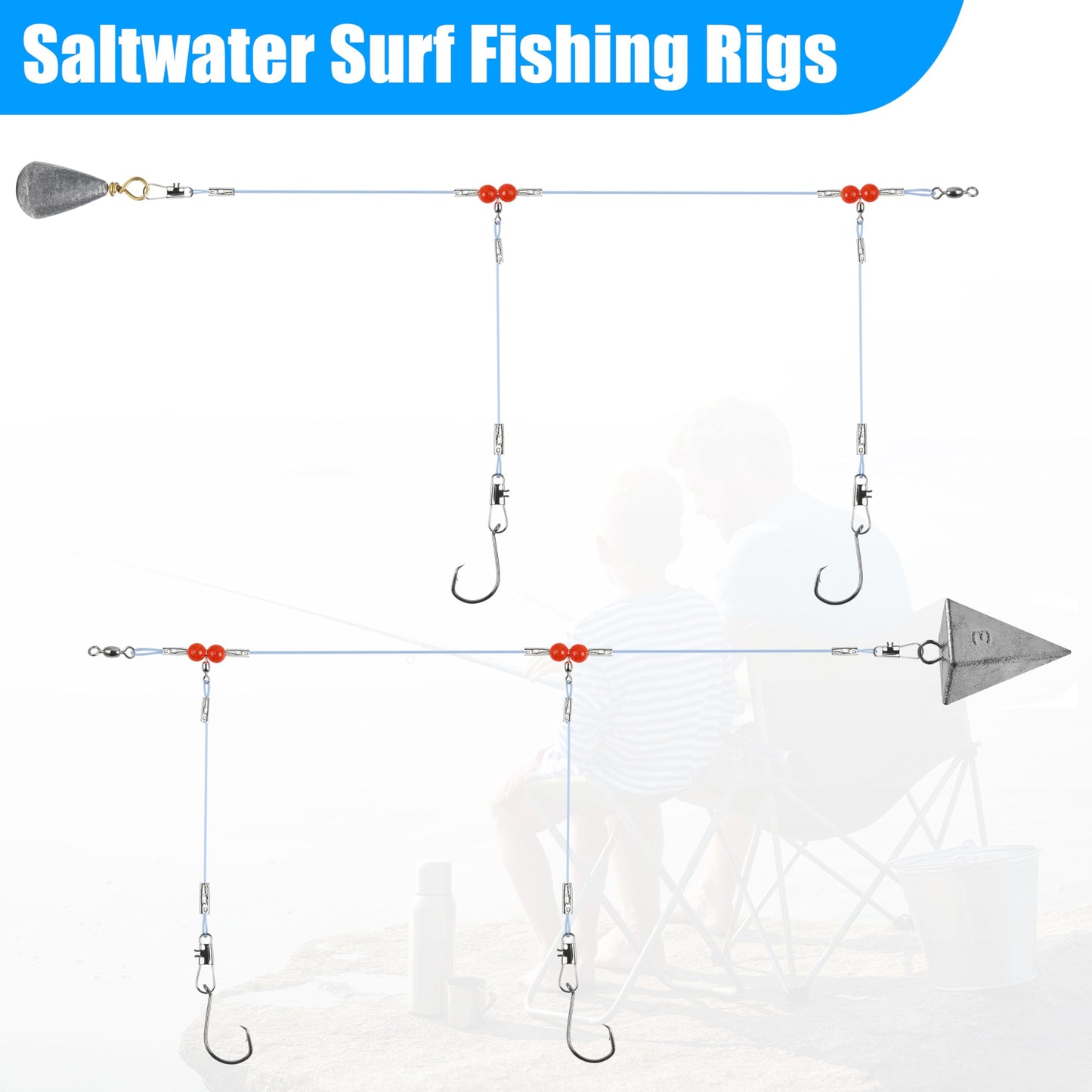 Saltwater Surf Fishing Tackle Kit - Saltwater Surf Fishing Rigs Bottom Rigs Include Fishing Leader Rigs Pyramid Sinkers Bass Casting Sinker Circle Hooks for Striped Bass Red Drum Flounder