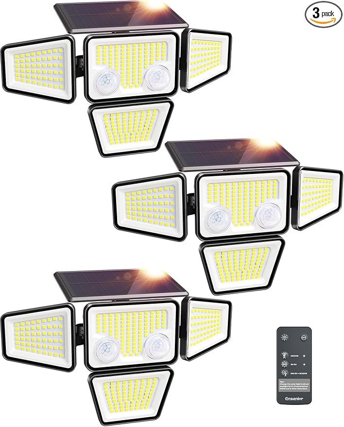 Ensenior Solar Lights Outdoor, IP65 Waterproof Motion Sensor Outdoor Light with Remote Control, 279 LED 4 Heads Solar Security Light with 4 Mode, 270° Wide Angle Solar Flood Light for Outside, 3 Packs