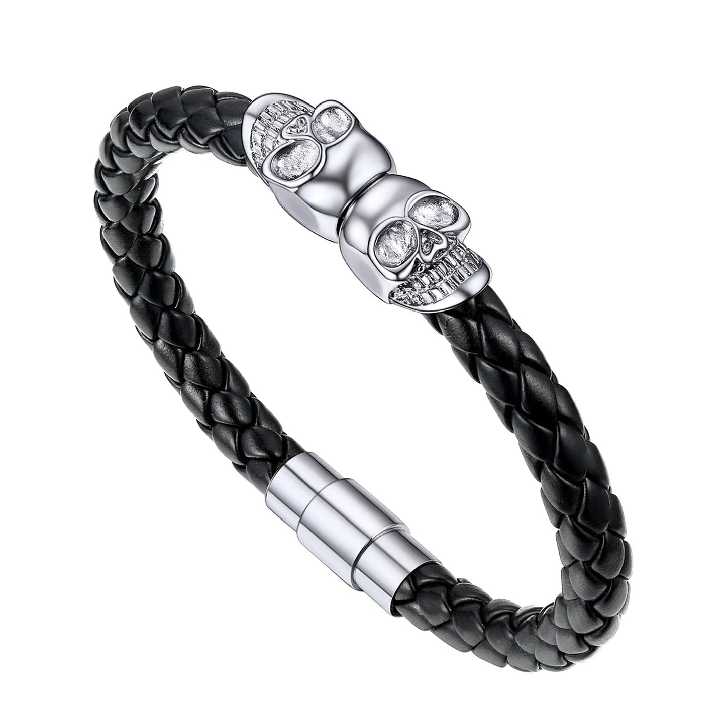 U7 Personalized Skull Bracelets Men Biker Surfer Bracelet Bangle with Stainless Steel Clasp, Braided Black Leather Gothic Twin Skeleton Cuff Bracelet (8.3")