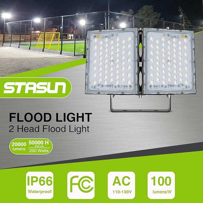 STASUN Flying Series Pro - LED Flood Light Outdoor, 200W 20,000 lumens, IP66 Waterproof Exterior Commercial Floodlight, 6000K Daylight White, 2 Adjustable Heads for Yard, Parking Lot