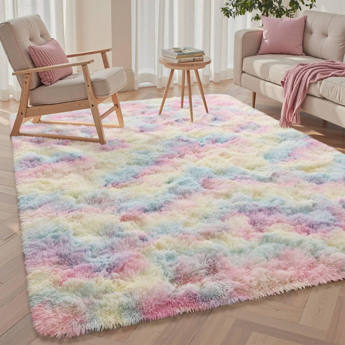 4x6 ft Fluffy Rainbow Area Rug for Bedroom Soft Fuzzy Living Room Rug Non-Slip Shag Rugs Carpet for Nursery Kids Play Room Dorm Office Indoor Modern Plush Carpets