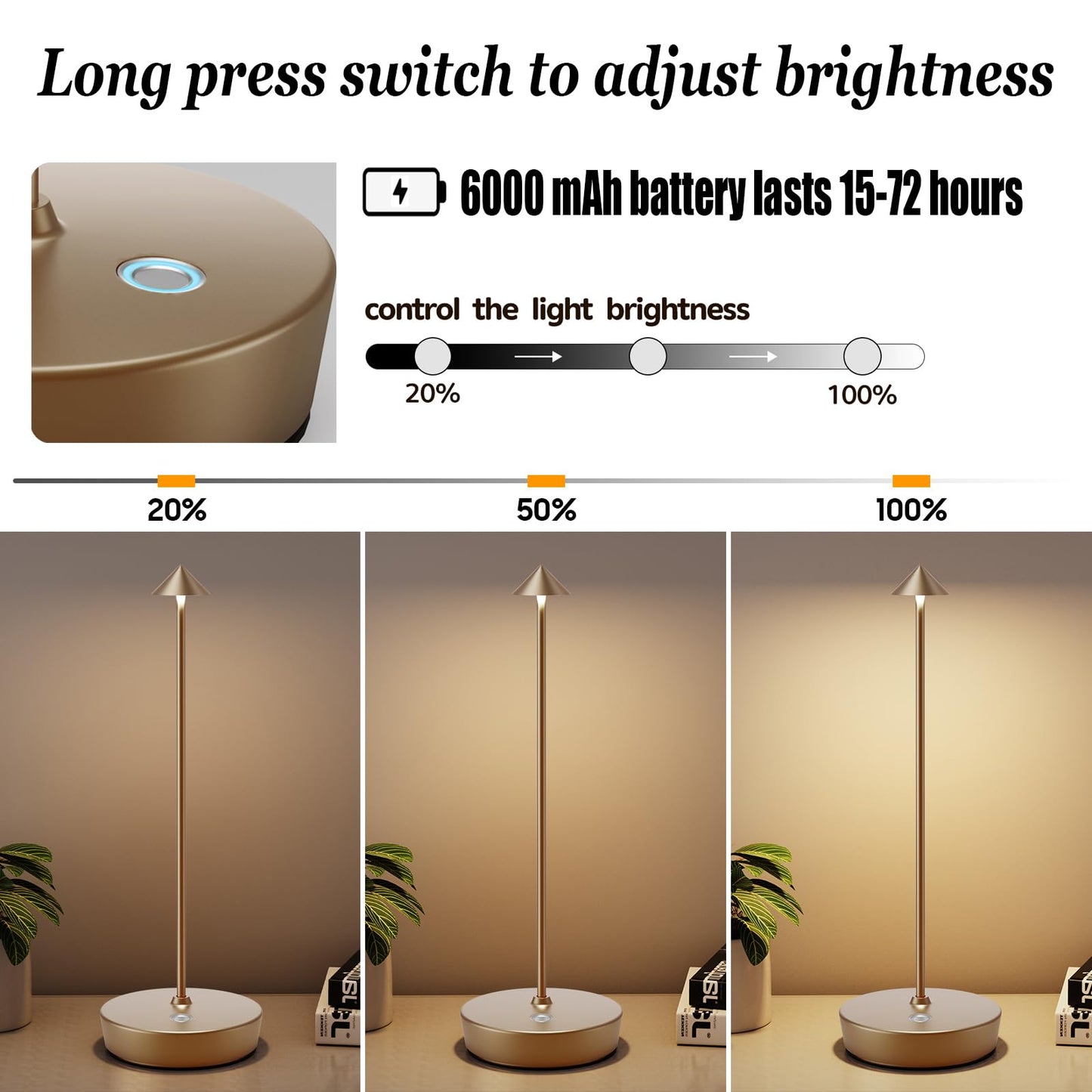 YIBEN 2Pack Rechargeable Cordless Table Lamp, Portable Powered LED Battery 6000mAh Metal USB Desk Lamp, 3 Levels Brightness Light for Restaurants Outdoor (2pack Titanium)