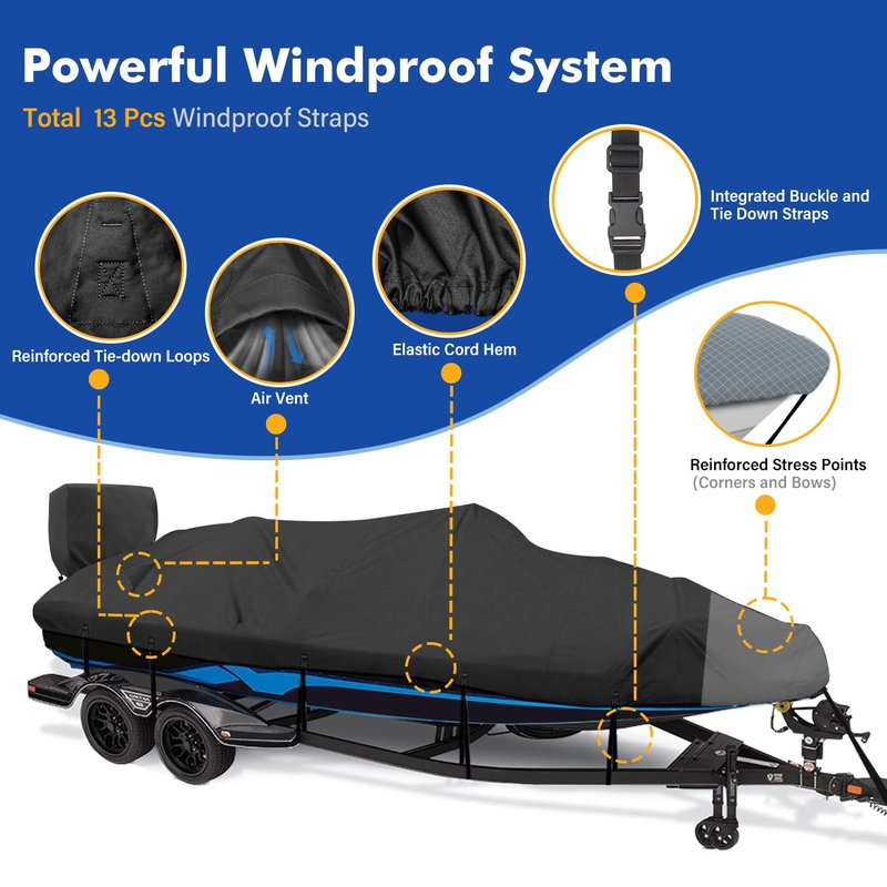 YimSting 1200D Waterproof Boat Cover - Fits 20' to 22' ft Bass, V-Hull, Tri-Hull, Fish & Ski, Runabout Bowrider Boats - Heavy Duty Canvas Black