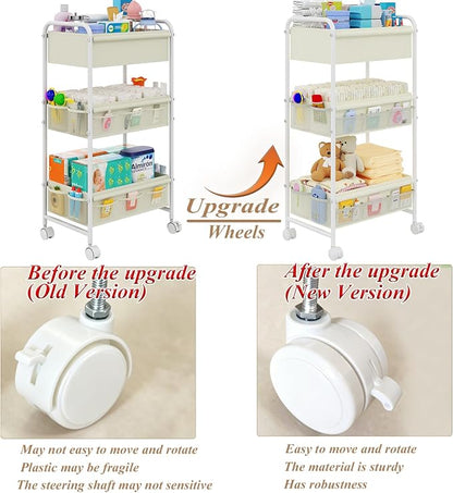 3-Tier Baby Diaper Caddy Cart Organizer,Mobile Nursery Storage Carts with Wheels,With 2 Dividers&14 Mesh Pockets Durable Metal Utility Cart for Nursery, Bedroom, Bathroom, Baby Essentials Organization