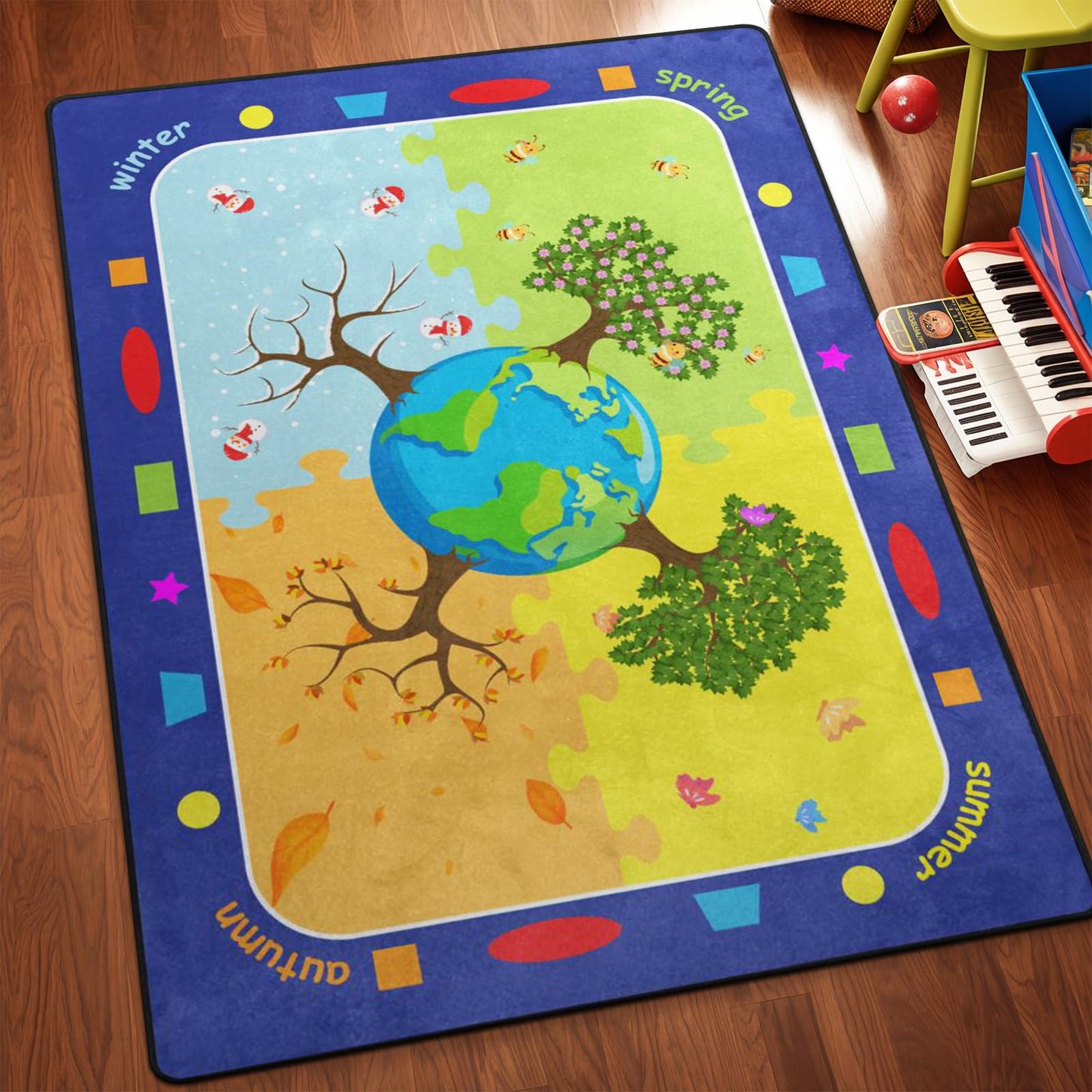Kids Rugs for Playroom, Trees of the Four Seasons Rugs, Non-Slip Soft Earth&Trees Kids Rug, Earth Day Educational Playmat for Kids Carpet for Preschool Elementary Classroom -5' x 7' Blue