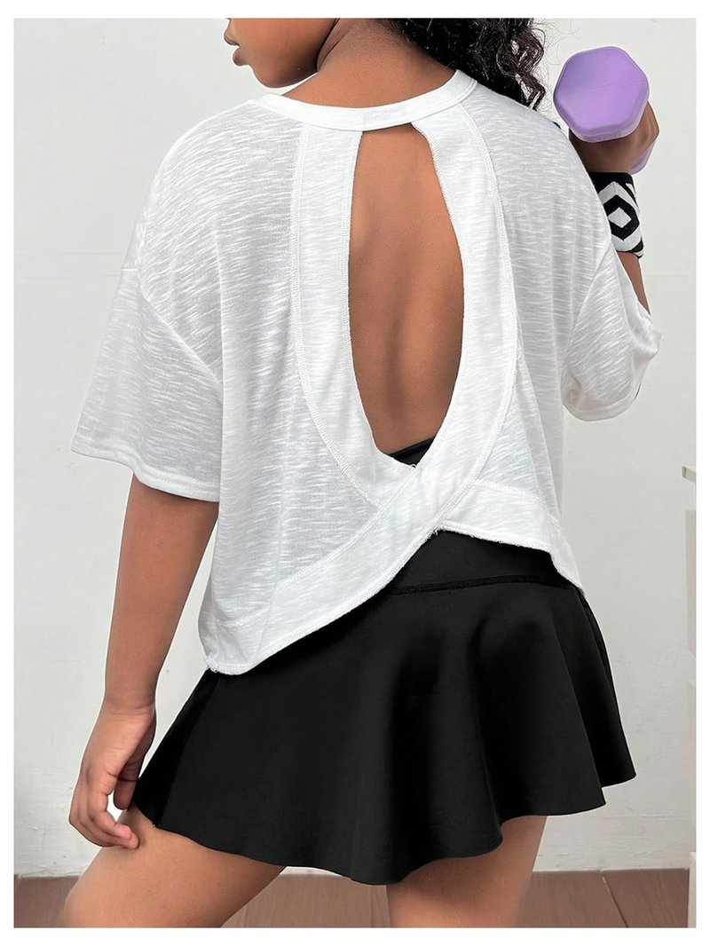 SOLY HUX Girl's Open Back Workout Tops Cute Short Sleeve Shirt Running Athletic T Shirts Summer Clothes Plain White 9Y