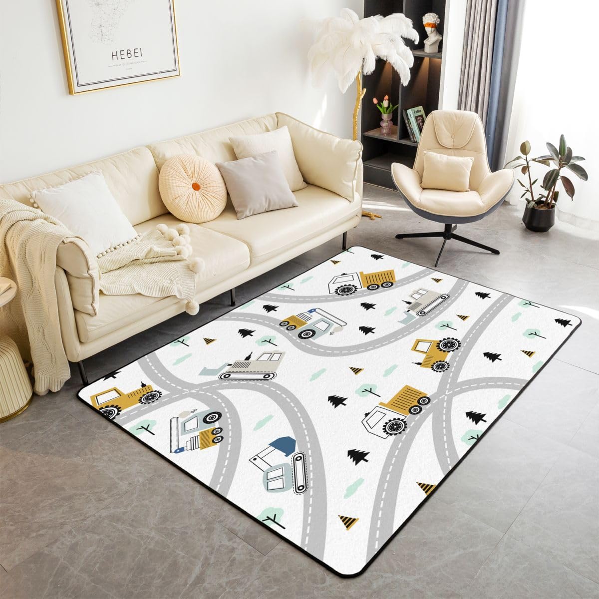 Construction Area Rug 5x7 Kids Equipment Trucks Decorative Carpet Set for Boys Teens Downtown Road Living Room Rugs Construction Vehicles Grey Yellow Indoor Floor Mat Room DecorAccent Rug