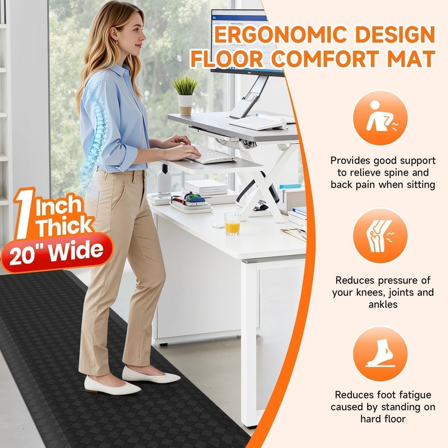 StepRite 1” Thick Kitchen Mats for Floor, Anti Fatigue Kitchen Rugs, Non-Slip,Heavy Duty Water Resistant Kitchen Rug, Standing Desk Mat for Friends, Family, Home, Kitchen, Office (72" x 20", Black)