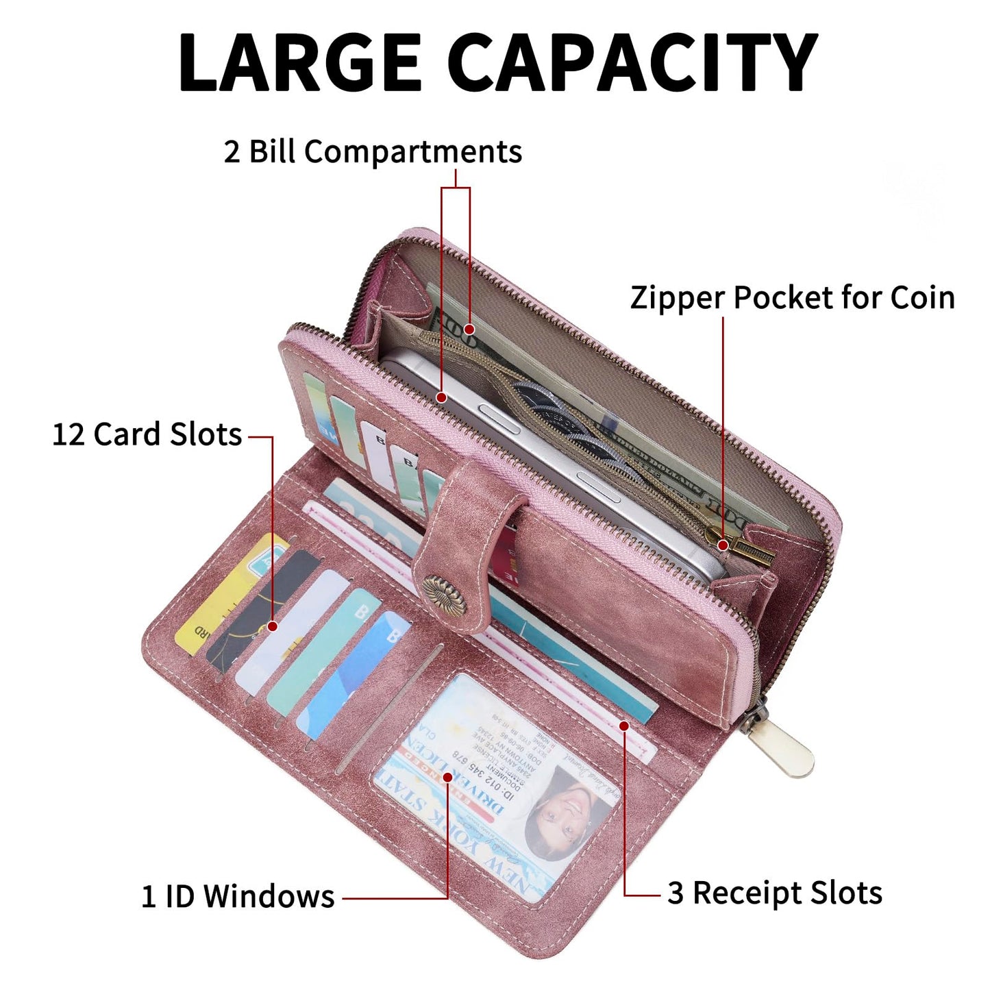 FALAN MULE Womens Wallet RFID Blocking Large Capacity Bifold Leather Credit Card Holder with Zipper Pocket Purse