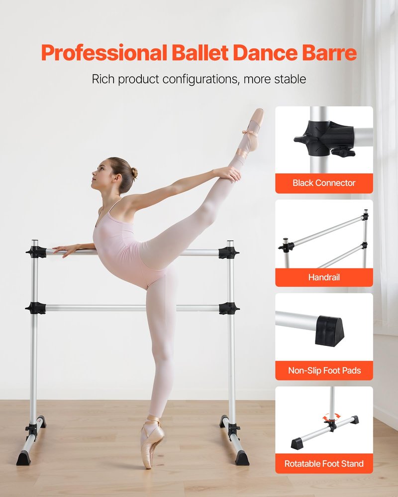 VEVOR Ballet Barre, 4 Ft Aluminum Double Barre Bar for Home, Freestanding Portable Ballet Stretching Dance Bars, Height Adjustable Anti-Wobble Fitness Studio Equipment, for Pilates Balance Workout