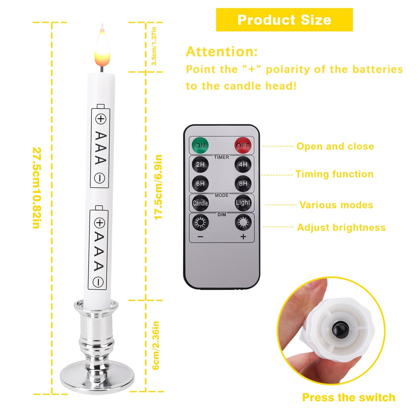 POQCCT LED Flameless Window Candles with Remote Timer 10 PCS Battery Operated Flickering Taper Candle Lights with Removable Sliver Candle Holders Best Gift for Xmas Wedding Home Dinner Décor