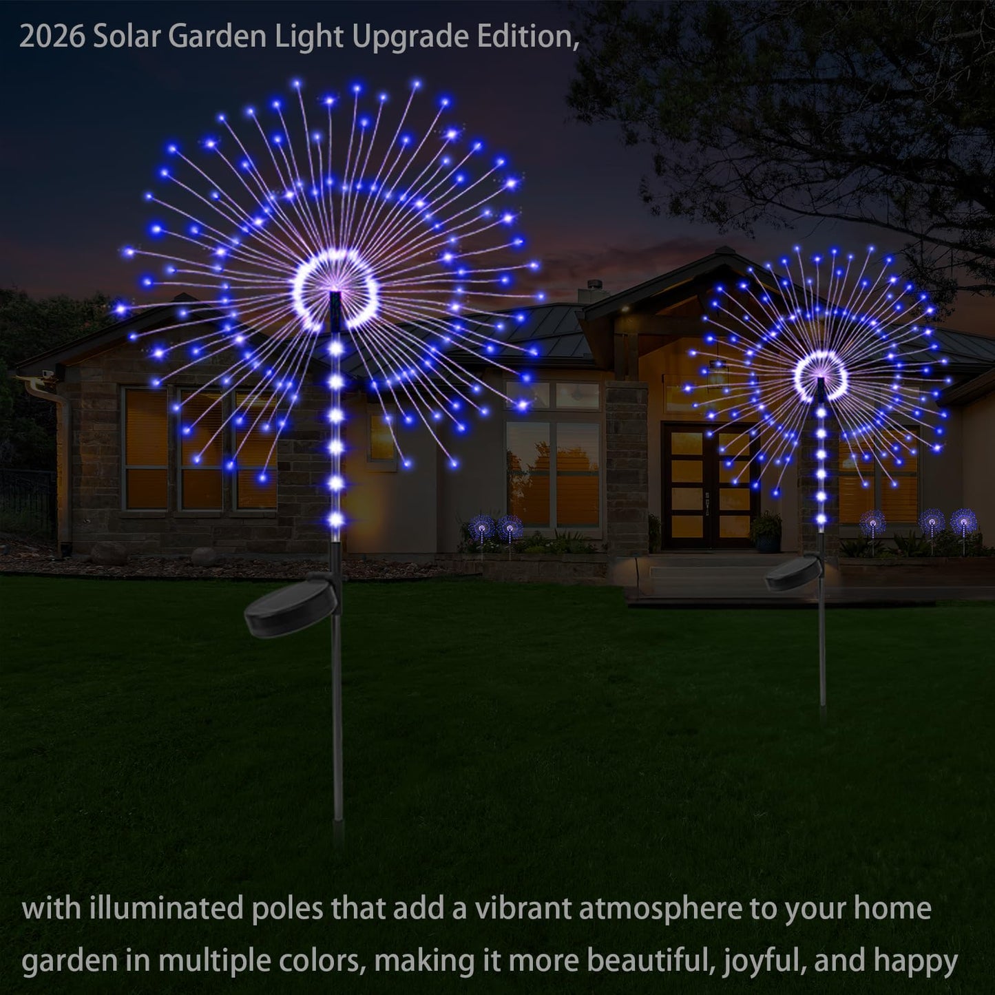 2 Pack 250LED Solar Garden Lights Outdoor, Dual Lighting Modes Firework Lights Solar Powered, Waterproof Twinkle Fairy Light Outside for Yard Patio Pathway Christmas Party Decorative(Blue)