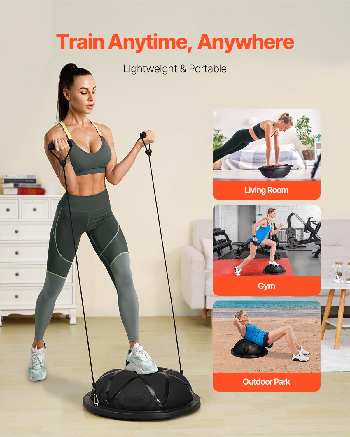 VEVOR 23-inch Half Exercise Ball Trainer, 660 lbs Capacity Balance Ball, Includes Resistance Bands and Pump, Ideal for Full Body Workouts, Yoga, and Strength Training at Home Gym, Black