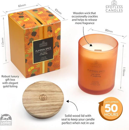 Pumpkin Spice Candle - 275g/9.7 oz Pumpkin Candle in Orange Frosted Glass Jar with Wooden Lid and Wooden Crackling Wick in Luxurious Gift Box - Cosy, Warm and Comforting
