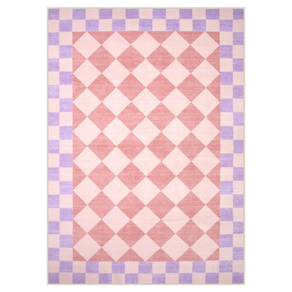 Morebes Checkered 5x7 Pink Rug for Bedroom Girls, Machine Washable Area Rug for Living Room Non Slip, Soft Low-Pile Nursery Carpet for Kids Room Dorm Dining Room (Pink,5'x7')