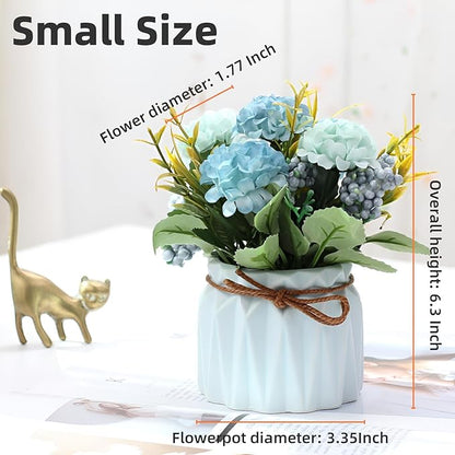 2 PCS Mini Hygrangea Artificial Flowers in Vase, Small Centerpiece Table Decorations - Fake Plant in Vase, Faux Hydrangea Flower Decor for Home, Wedding, Office and Party