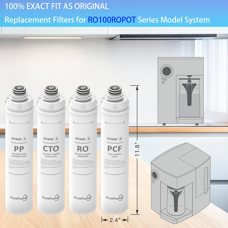 RO100ROPOT 4-Pack Water Filter Replacement Cartridge Set Compatible with Bluevua RO100ROPOT and RO100ROPOTUV Series Replacement Filter Cartridge, Pack of 4 Filters (1 PP, 1 CTO, 1 RO, 1 PCF)