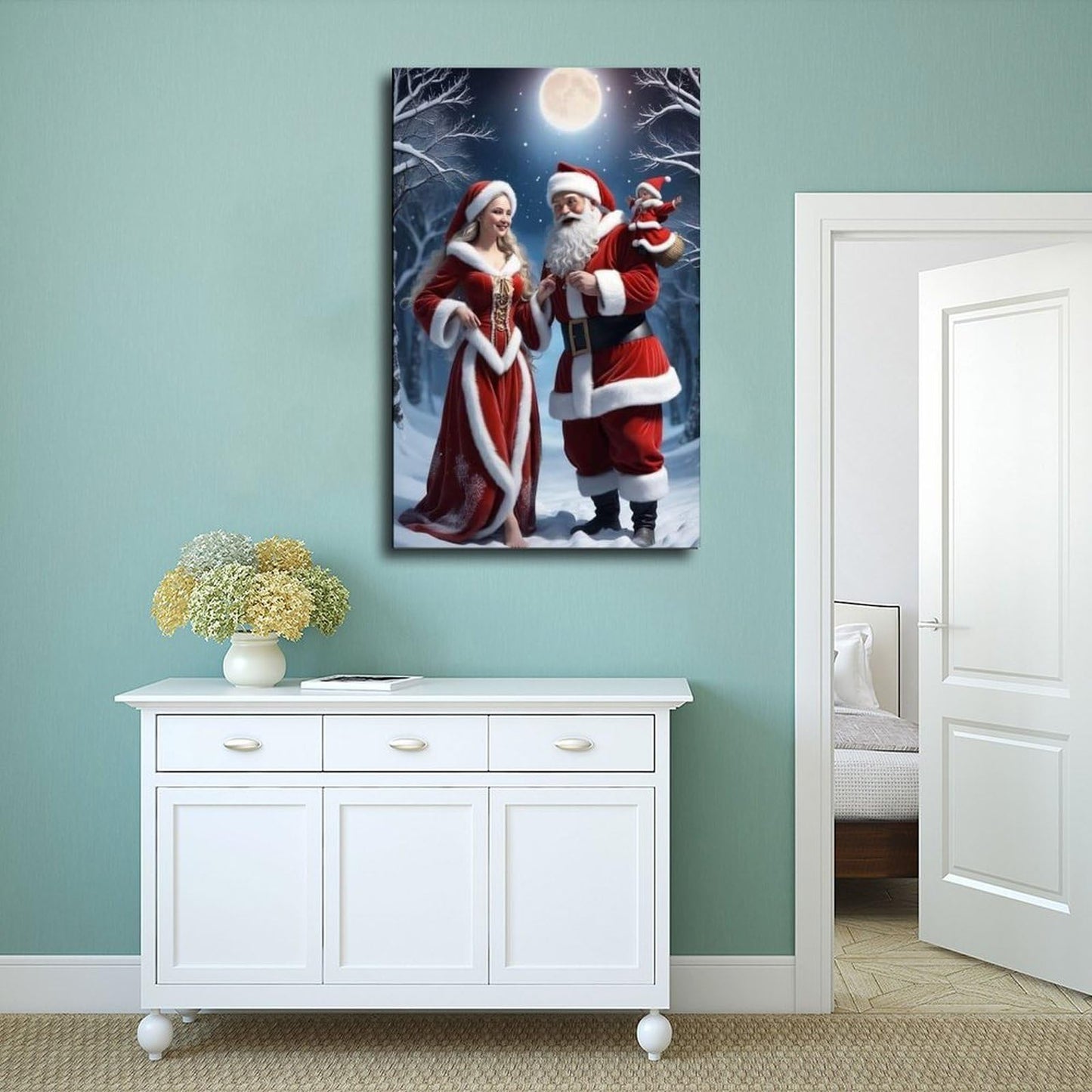 Santa Claus Family Figurine Set Christmas Decorations Including Mrs. Santa Claus Poster Wall Art Decor Print Picture Paintings for Living Room Bedroom Decoration Frame 24x36inch